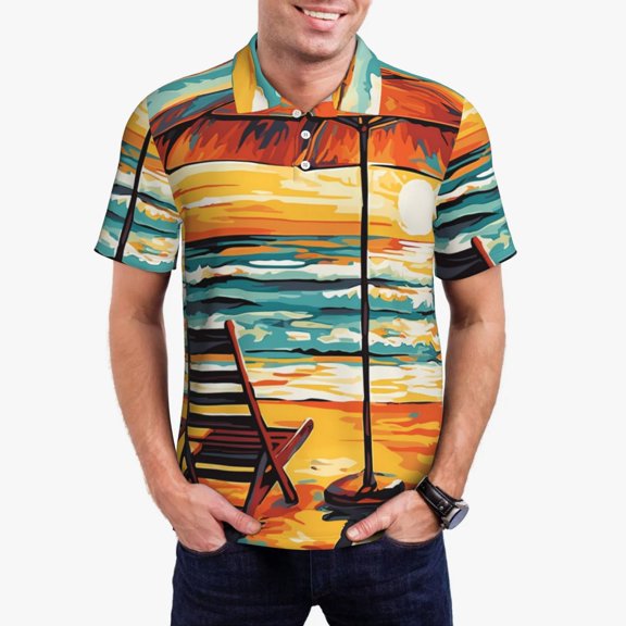 Gukieu Beach Umbrella Sunset Print Men's Quick-drying POLO Shirt, Button-down Summer T-shirt, Suitable for Work and Outdoor Activities-Small