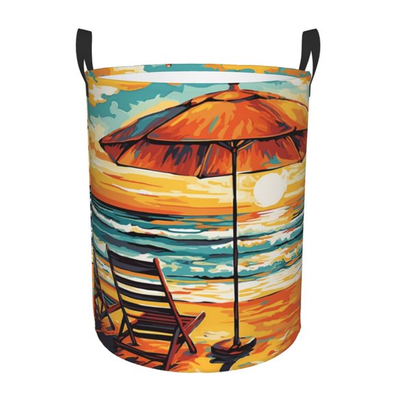 Gukieu Beach Umbrella Sunset Print Round Dirty Clothes Bag, Waterproof Standing Home Bathroom Storage Basket Car Trunk Storage Bag-Small