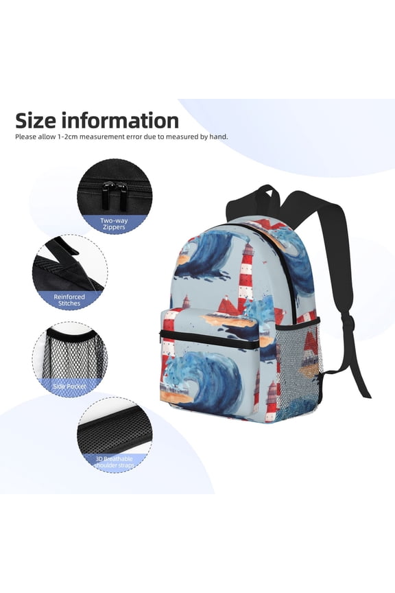 Beacon In The Huge Waves Of The Surf Print Backpack, Waterproof Backpack with Adjustable Shoulder Straps, Suitable for Campus, Business, Travel, Unisex