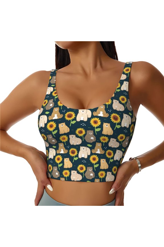 Bear Sunflower Print Women's Sports Vest, Low-neck U-shaped Removable Pad Sports Bra for Yoga, Exercise, Dance-Large