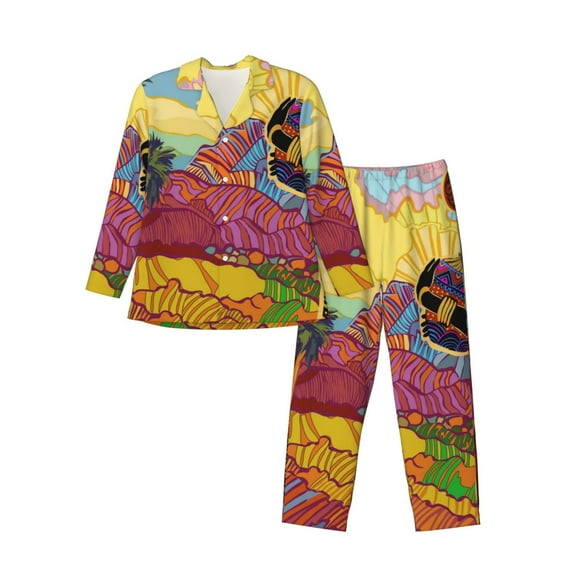 Gukieu Beautiful African Woman Print Men's Long-sleeved Pajamas Set, Elastic Waist Pajamas Button-down Pajamas Two-piece Set, Suitable for Adult Male Home Wear-X-Large