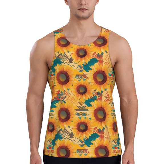 Gukieu Beautiful Bohemian Sunflower Print Men's Quick Dry Fitness Vest, Round Neck Sleeveless Fitness Bodybuilding Top-Small