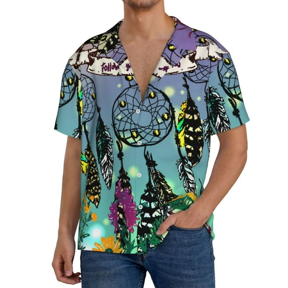 Gukieu Beautiful Dreamcatcher Print Men's Short-sleeved Shirts, Button-down Pocket Shirts, T-shirts, Beach Vacation Travel Summer Clothing-Medium