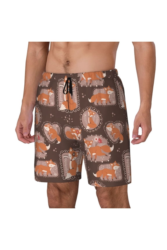 Beautiful Fox Print Men's Double Layer Sports Swim Trunks, Quick Dry Adjustable Waist Swim Shorts Swimwear-Medium