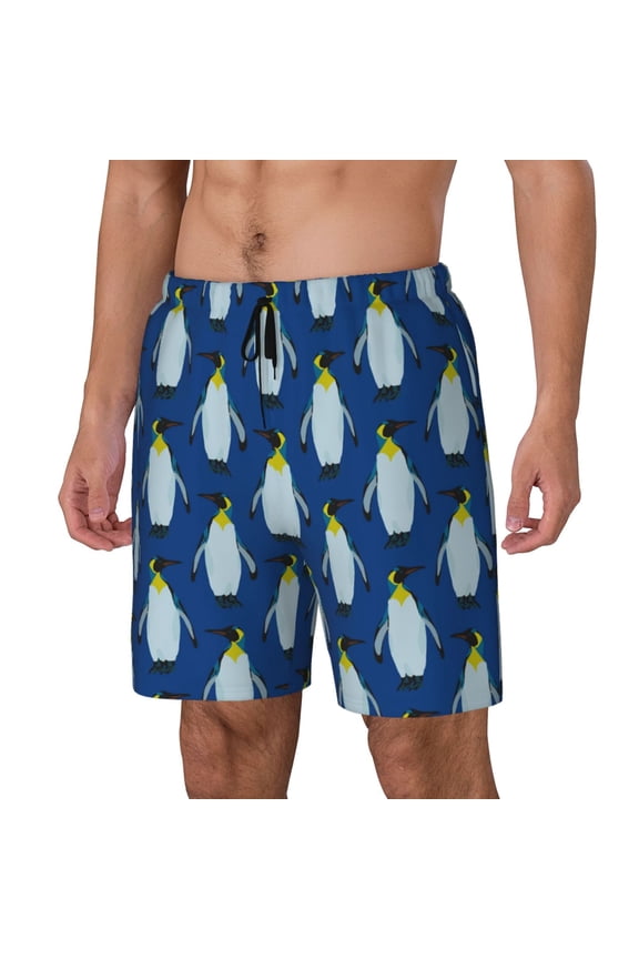 Beautiful King Penguin Pattern Print Men's Double Layer Sports Swim Trunks, Quick Dry Adjustable Waist Swim Shorts Swimwear-Large
