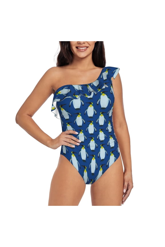 Beautiful King Penguin Pattern Print One-shoulder Ruffled One-piece Swimsuit with Removable Chest Pads and Tummy-control Swimsuit for Women-Medium