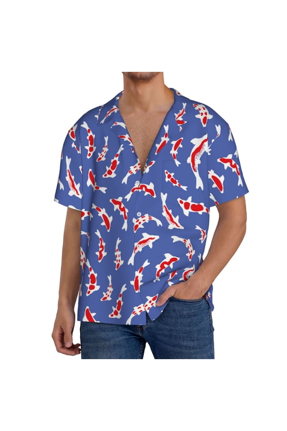 Beautiful Koi Fish Print Men's Short-sleeved Shirts, Button-down Pocket Shirts, T-shirts, Beach Vacation Travel Summer Clothing-Large