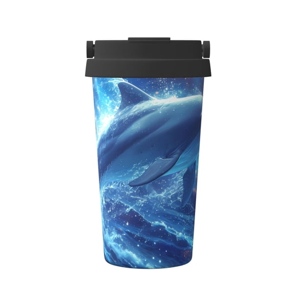 Gukieu Beautiful Ocean Dolphin Print Insulated Coffee Cup, Portable Stainless Steel Vacuum Cup with Lid, Unisex, Suitable for Office, Cafe, Car