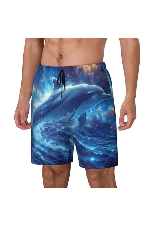 Beautiful Ocean Dolphin Print Men's Double Layer Sports Swim Trunks, Quick Dry Adjustable Waist Swim Shorts Swimwear-Large