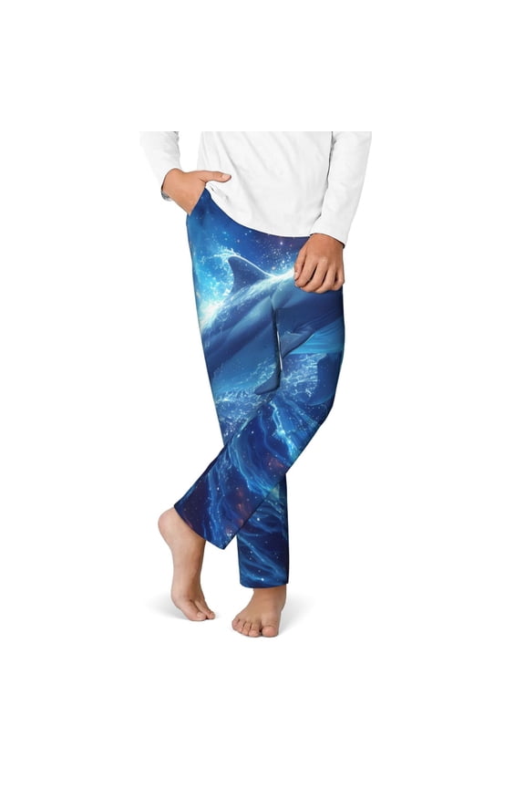 Beautiful Ocean Dolphin Print Youth Home Trousers, Elastic Waistband with Pockets for Home and Outing, Suitable for Children Aged 5-16-Medium