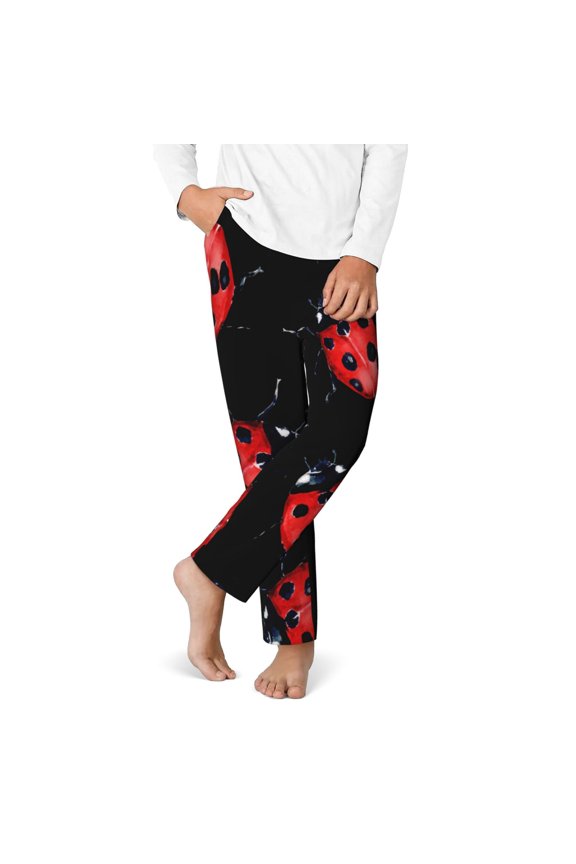 Beautiful Red Ladybug Print Youth Home Trousers, Elastic Waistband with Pockets for Home and Outing, Suitable for Children Aged 5-16-XS(5-6)