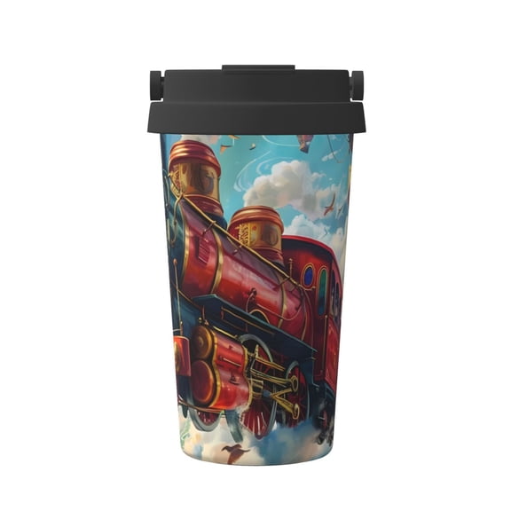 Gukieu Beautiful Red Train Hot Air Balloon Print Insulated Coffee Cup, Portable Stainless Steel Vacuum Cup with Lid, Unisex, Suitable for Office, Cafe, Car