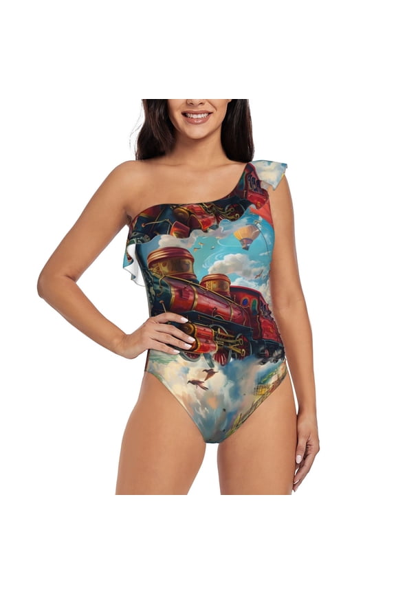 Beautiful Red Train Hot Air Balloon Print One-shoulder Ruffled One-piece Swimsuit with Removable Chest Pads and Tummy-control Swimsuit for Women-Small