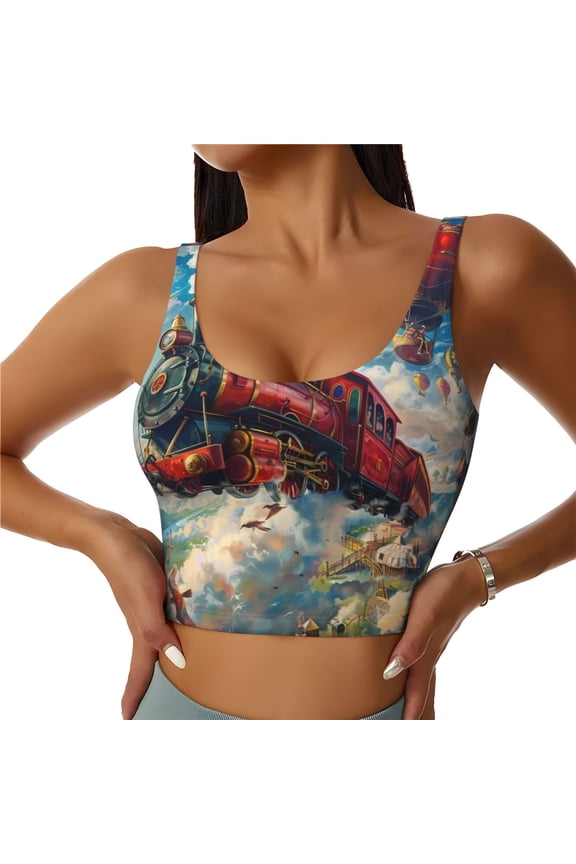 Beautiful Red Train Hot Air Balloon Print Women's Sports Vest, Low-neck U-shaped Removable Pad Sports Bra for Yoga, Exercise, Dance-Medium