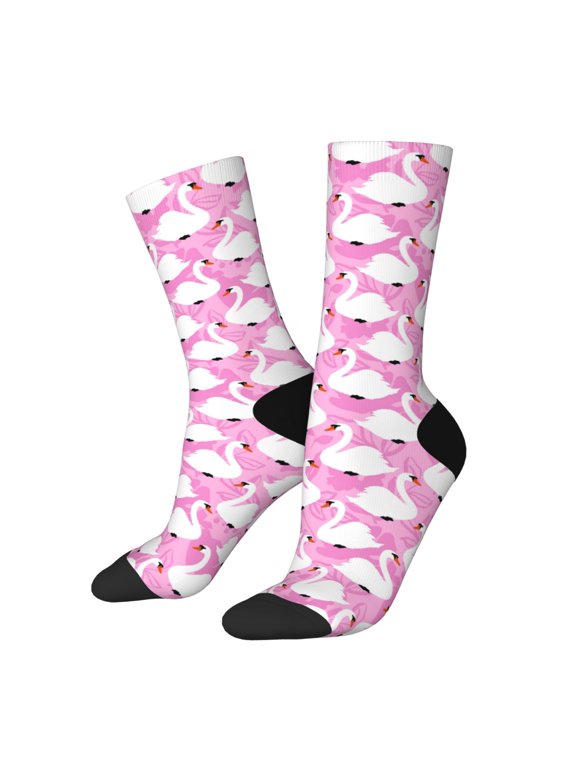 Beautiful Swans Print Contrast Color Mid-calf Socks, Sweat-wicking Athletic Socks, Unisex Clothing Accessories