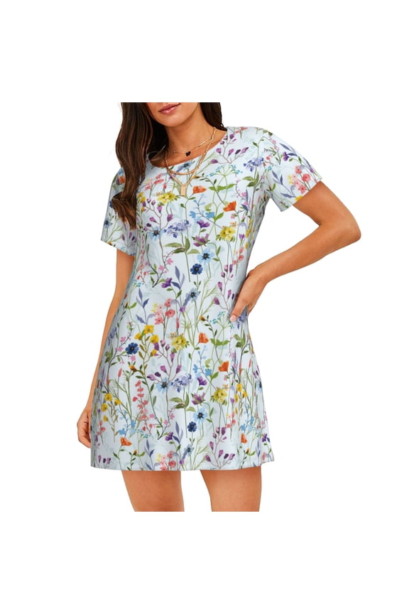 Beautiful wild flower forest Print Women's Nightgown, A-line Round Neck Short-sleeved Nightgown Pajamas Home Wear Suitable for Home and Outing