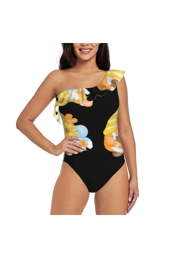 Bee Happy Sunflower Gnomes Print One-shoulder Ruffled One-piece Swimsuit with Removable Chest Pads and Tummy-control Swimsuit for Women-X-Large