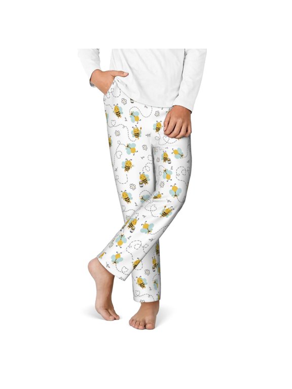 Bee Print Youth Home Trousers, Elastic Waistband with Pockets for Home and Outing, Suitable for Children Aged 5-16-Medium