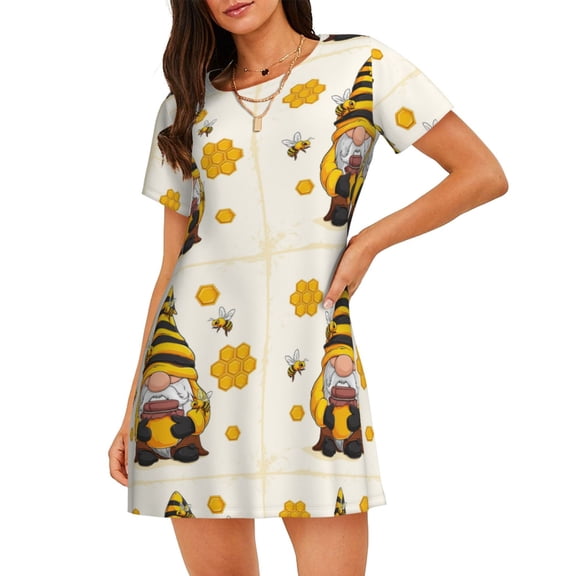 Gukieu Beekeeper Gnome Holding A Glass Print Women's Nightgown, A-line Round Neck Short-sleeved Nightgown Pajamas Home Wear Suitable for Home and Outing