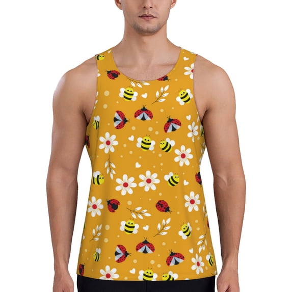 Gukieu Bees And Ladybug Print Men's Quick Dry Fitness Vest, Round Neck Sleeveless Fitness Bodybuilding Top-Large