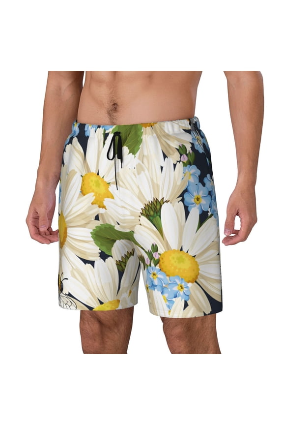 Bees Collecting Nectar Print Men's Double Layer Sports Swim Trunks, Quick Dry Adjustable Waist Swim Shorts Swimwear-3X-Large
