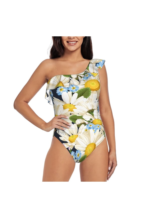 Bees Collecting Nectar Print One-shoulder Ruffled One-piece Swimsuit with Removable Chest Pads and Tummy-control Swimsuit for Women-X-Large