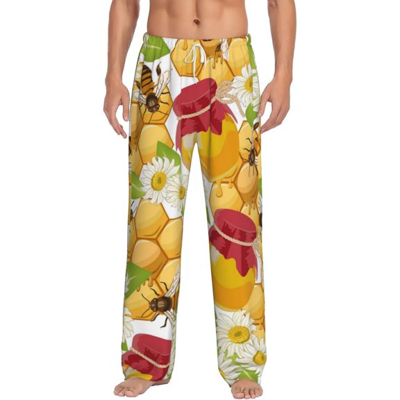 Gukieu Bees Honeycomb Print Men's Home Trousers, Elastic Drawstring Home Pajamas Clothing Suitable for Adult Men-Medium