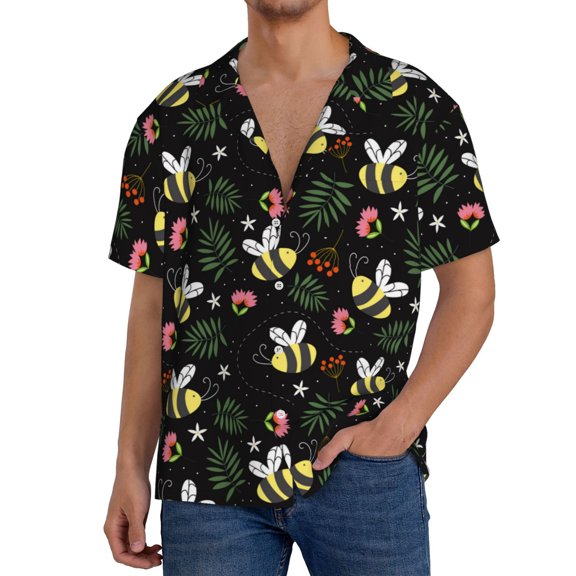 Gukieu Bees Print Men's Short-sleeved Shirts, Button-down Pocket Shirts, T-shirts, Beach Vacation Travel Summer Clothing-4X-Large
