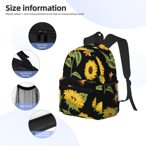 Gukieu Bees and Sunflowers Print Backpack, Waterproof Backpack with Adjustable Shoulder Straps, Suitable for Campus, Business, Travel, Unisex