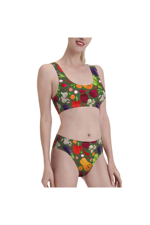 Begetable Print Women's Swimsuit Set, U-shaped Swimsuit High Waist Swim Trunks Two-piece Quick-drying Sports Swimsuit