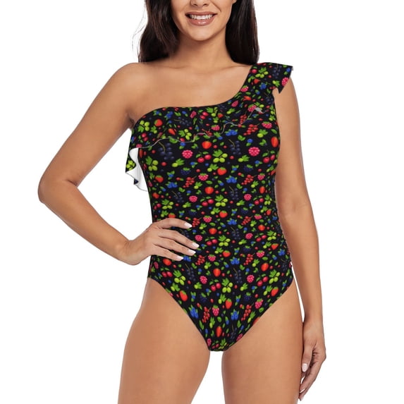 Gukieu Berries Print One-shoulder Ruffled One-piece Swimsuit with Removable Chest Pads and Tummy-control Swimsuit for Women-Medium