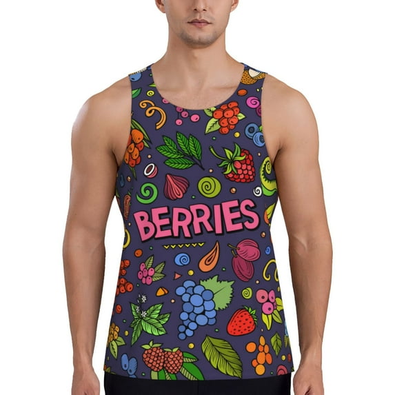 Gukieu Berry Fruits Print Men's Quick Dry Fitness Vest, Round Neck Sleeveless Fitness Bodybuilding Top-XX-Large