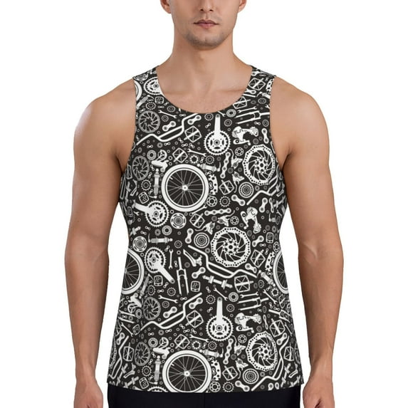 Gukieu Bicycles Parts Print Men's Quick Dry Fitness Vest, Round Neck Sleeveless Fitness Bodybuilding Top-Medium