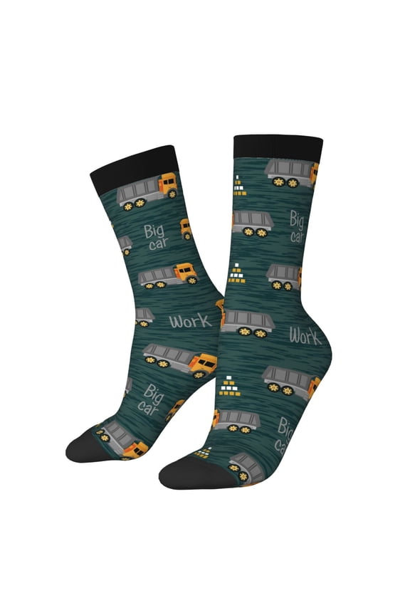 Big Machine Print Contrast Color Mid-calf Socks, Sweat-wicking Athletic Socks, Unisex Clothing Accessories