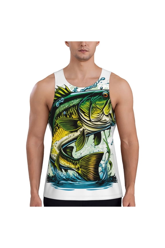 Big bass fish Print Men's Quick Dry Fitness Vest, Round Neck Sleeveless Fitness Bodybuilding Top-X-Large