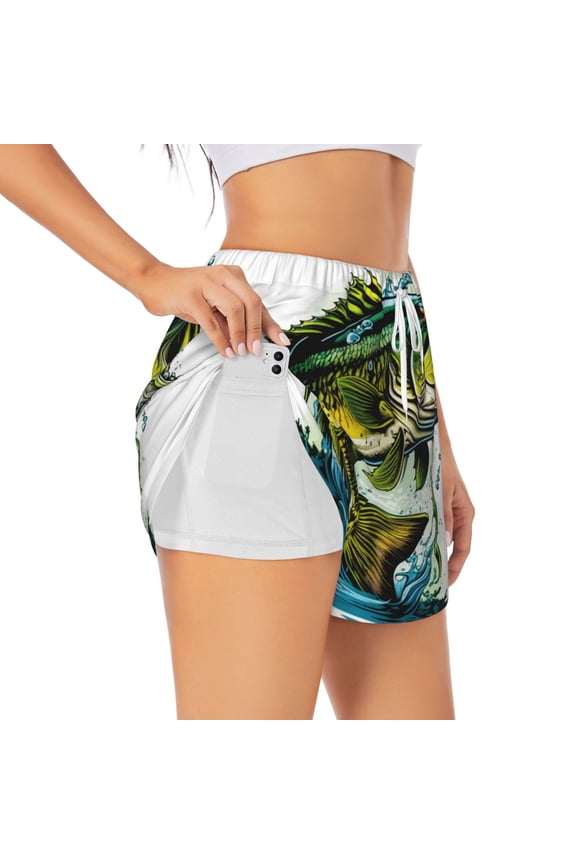 Big bass fish Print Women's Sports Shorts with Drawstring Elastic Waistband for Running, Yoga, Fitness-Large