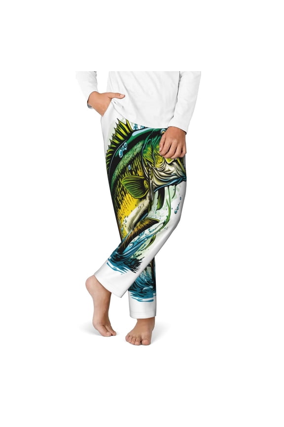 Big bass fish Print Youth Home Trousers, Elastic Waistband with Pockets for Home and Outing, Suitable for Children Aged 5-16-Medium