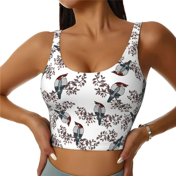 Gukieu Bird Print Women's Sports Vest, Low-neck U-shaped Removable Pad Sports Bra for Yoga, Exercise, Dance-XX-Large