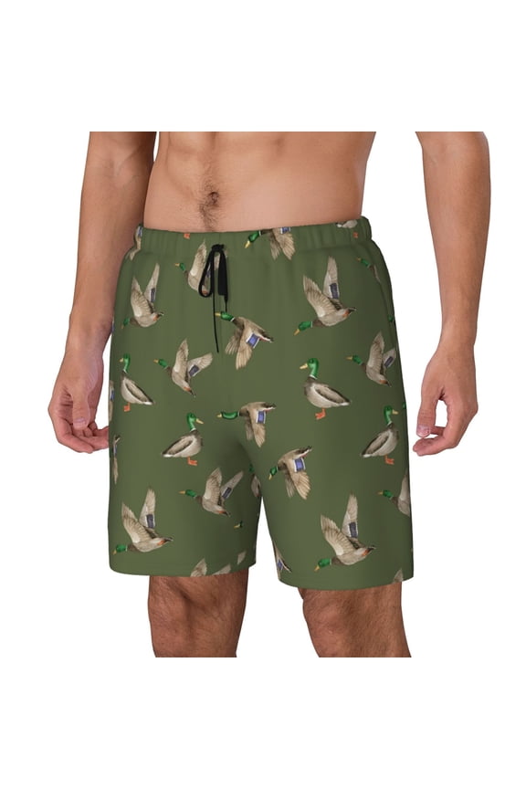 Birds Wild Ducks Print Men's Double Layer Sports Swim Trunks, Quick Dry Adjustable Waist Swim Shorts Swimwear-3X-Large