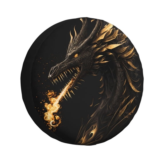 Gukieu Black And Gold Fire Dragon Print Car Tire Cover, Adjustable Waterproof and Dustproof Tire Protection Cover, Suitable for SUV, Truck, Van-14 inch