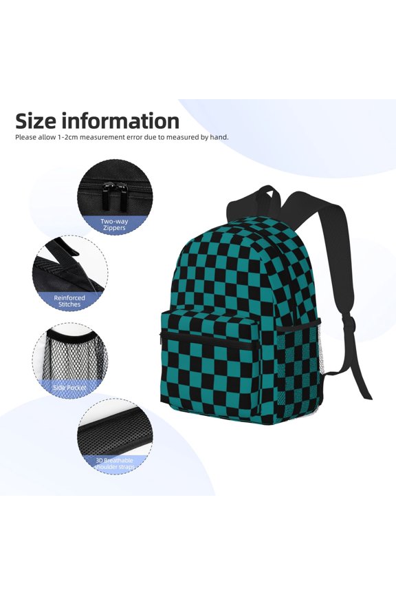 Black And Teal Checkerboard Print Backpack, Waterproof Backpack with Adjustable Shoulder Straps, Suitable for Campus, Business, Travel, Unisex