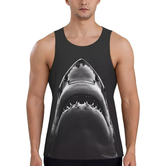 Gukieu Black And White Shark Print Men's Quick Dry Fitness Vest, Round Neck Sleeveless Fitness Bodybuilding Top-4X-Large