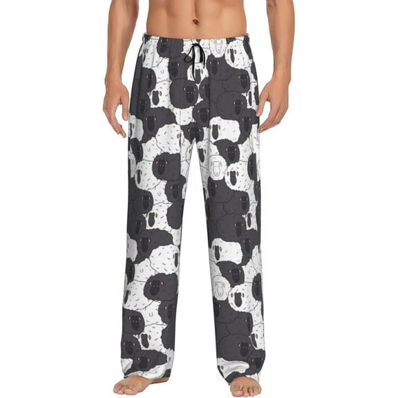 Gukieu Black And White Sheeps Print Men's Home Trousers, Elastic Drawstring Home Pajamas Clothing Suitable for Adult Men-Small