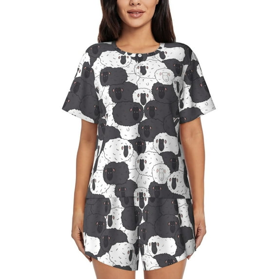 Gukieu Black And White Sheeps Print Women's Short-sleeved Pajama Set, Round Neck Button Top Elastic Shorts 2-piece Set, Summer Home Leisure Clothing-X-Large