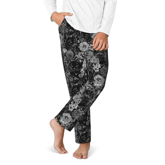 Gukieu Black Cats In A Garden Print Youth Home Trousers, Elastic Waistband with Pockets for Home and Outing, Suitable for Children Aged 5-16-XS(5-6)
