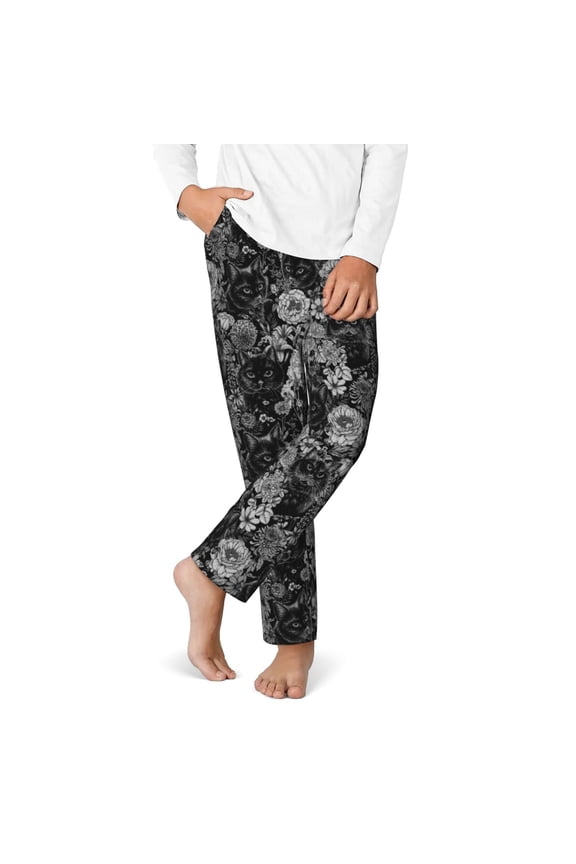 Black Cats In A Garden Print Youth Home Trousers, Elastic Waistband with Pockets for Home and Outing, Suitable for Children Aged 5-16-XS(5-6)