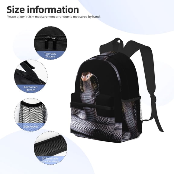 Gukieu Black Cobra Snake Print Backpack, Waterproof Backpack with Adjustable Shoulder Straps, Suitable for Campus, Business, Travel, Unisex