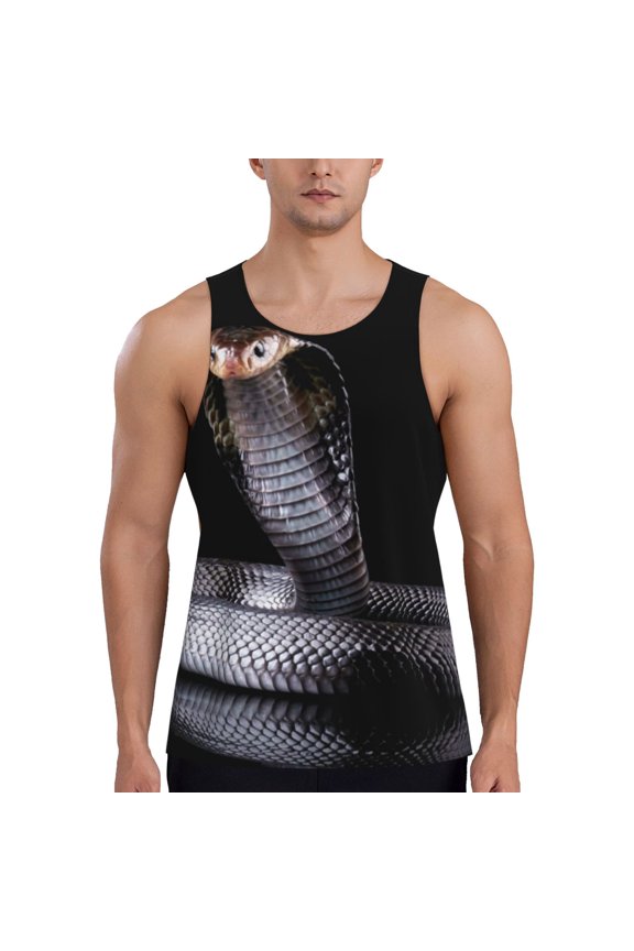 Black Cobra Snake Print Men's Quick Dry Fitness Vest, Round Neck Sleeveless Fitness Bodybuilding Top-X-Large