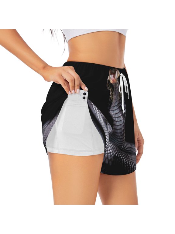 Black Cobra Snake Print Women's Sports Shorts with Drawstring Elastic Waistband for Running, Yoga, Fitness-X-Large