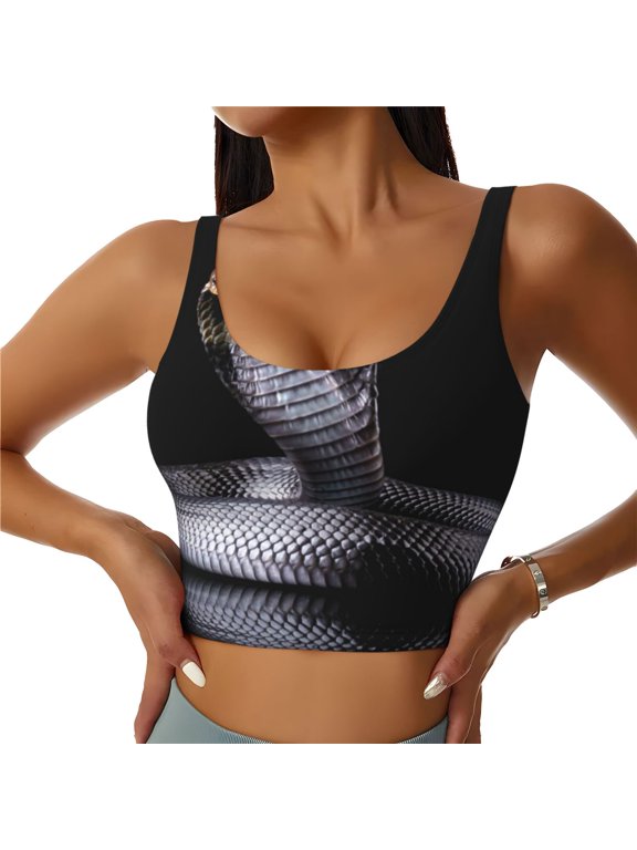 Black Cobra Snake Print Women's Sports Vest, Low-neck U-shaped Removable Pad Sports Bra for Yoga, Exercise, Dance-X-Large